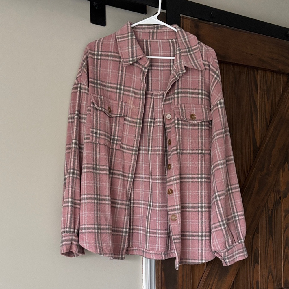 Plaid Button-Up Shacket in Dusty Rose